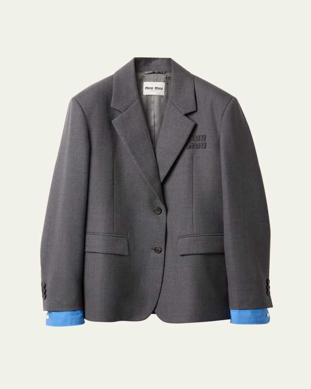 Logo Embroidered Oversized Wool Blazer Jacket